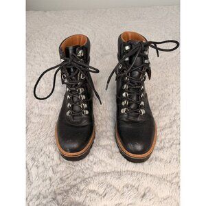 Indigo Rd Black Lace-Up Hiking Ankle Boots Women’s Faux Leather Lug Sole Booties